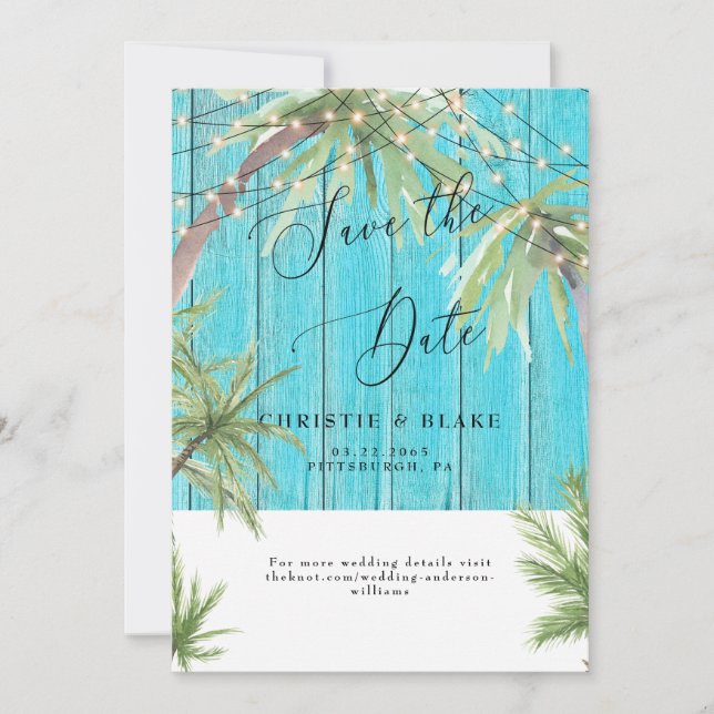 Tropical Palm & Lights Turquoise Wood Save The Date (Front)