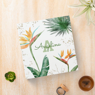 Tropical Palm Modern Monogram Script Gold Glitter Binder