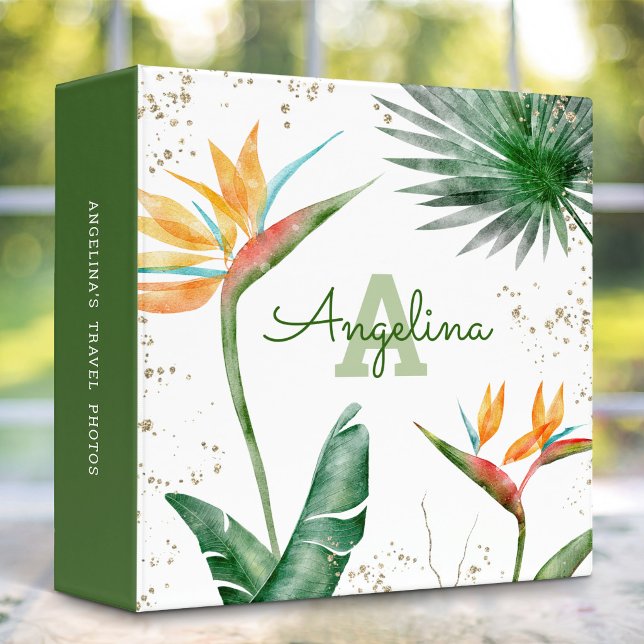 Tropical Palm Modern Monogram Script Gold Glitter Binder (Creator Uploaded)