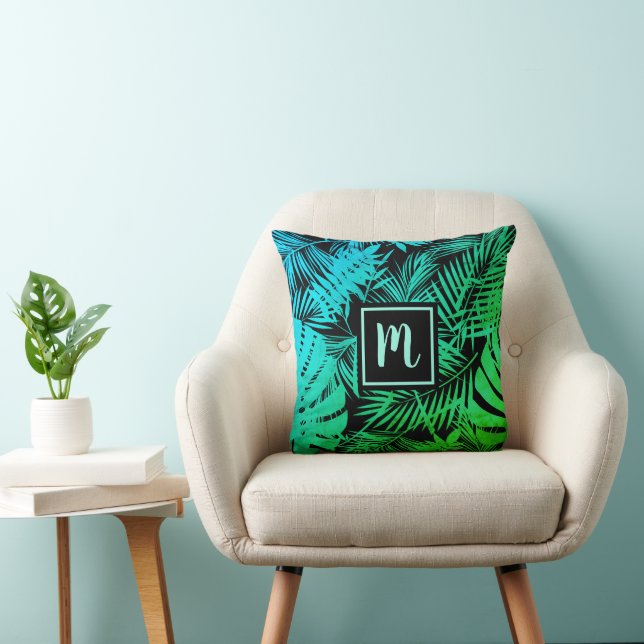 Tropical palm monogram turquoise green ombre bold throw pillow (Chair)
