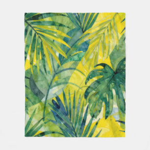 Tropical Palm Monstera Jungle Leaves Fleece Blanket