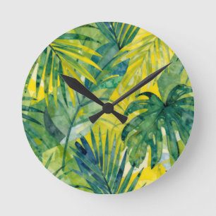 Tropical Palm Monstera Jungle Leaves Round Clock
