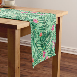 Tropical Palm & Monstera Leaves & Exotic Flowers Short Table Runner
