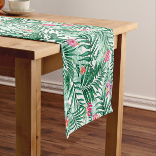 Tropical Palm & Monstera Leaves & Exotic Flowers Short Table Runner