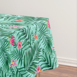 Tropical Palm & Monstera Leaves & Exotic Flowers Tablecloth