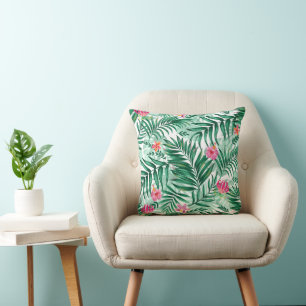 Tropical Palm & Monstera Leaves & Exotic Flowers Throw Pillow