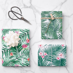 Tropical Palm & Monstera Leaves & Exotic Flowers Wrapping Paper Sheet