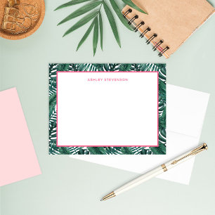 Tropical Palm Monstera Leaves Pink Custom Name Card