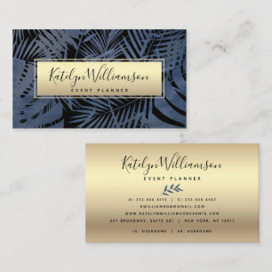 Tropical palm navy gold elegant script typography business card