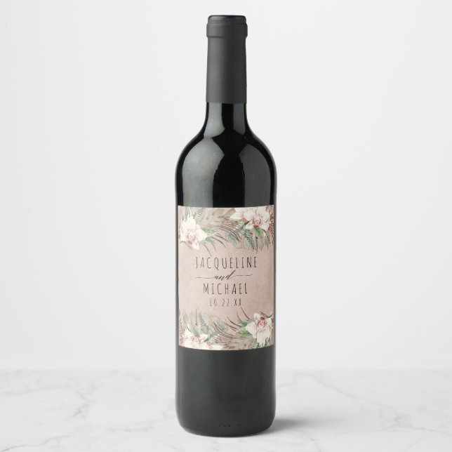 Tropical Palm Orchid Floral Seaside Desert Wedding Wine Label (Front)