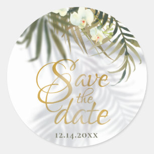 Tropical Palm & Orchid Shadows Gold Save The Date Classic Round Sticker