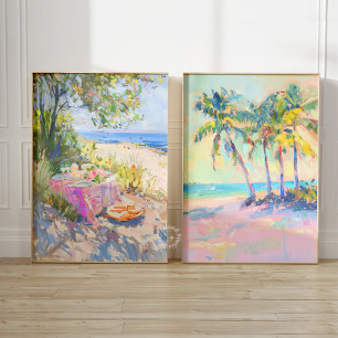 Tropical Palm Pastel Coastal Wall Art Set of 2