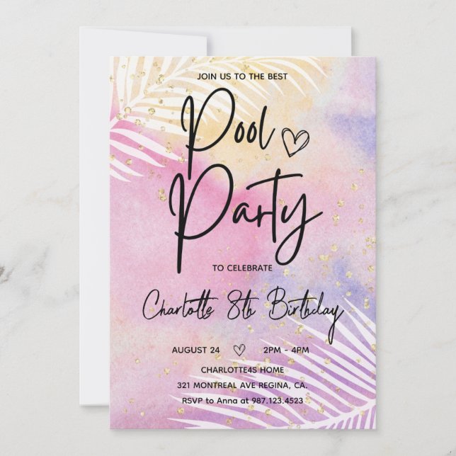 Tropical Palm Pastel Rainbow Pool Party Birthday  Invitation (Front)