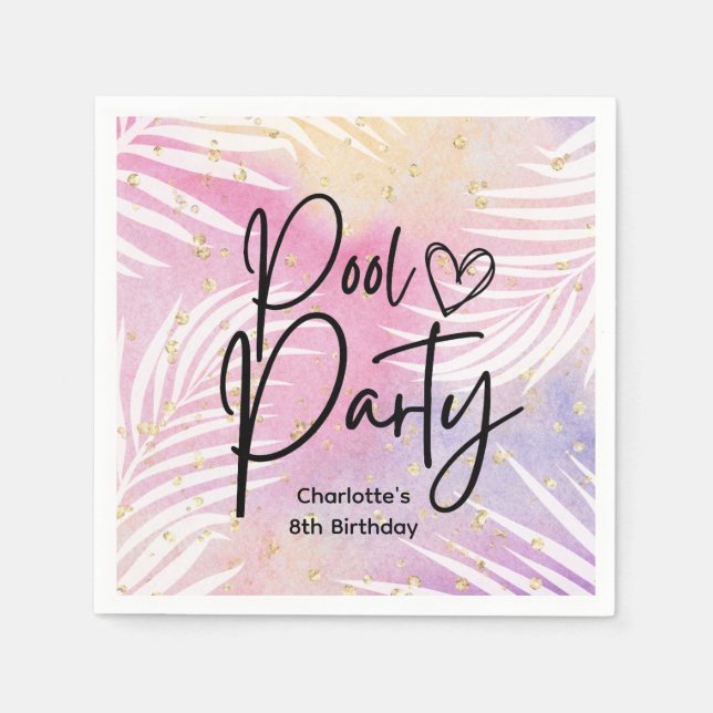 Tropical Palm Pastel Rainbow Pool Party  Napkin (Front)