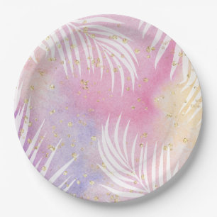 Tropical Palm Pastel Rainbow Pool Party  Paper Plate