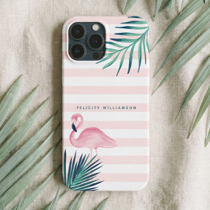 Tropical Palm Pink Flamingo Pink & White Stripe iPhone 13 Pro Max Case