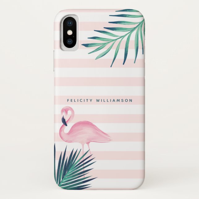 Tropical Palm Pink Flamingo Pink & White Stripe Case-Mate iPhone Case (Back)