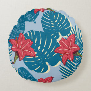 Tropical Palm seamless leaf blue pattern Round Pillow