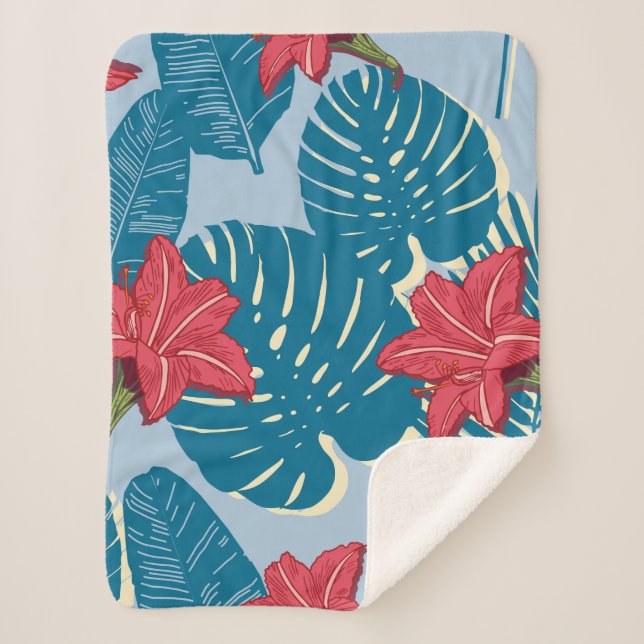 Tropical Palm seamless leaf blue pattern Sherpa Blanket (Front)