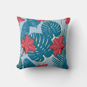 Tropical Palm seamless leaf blue pattern Throw Pillow