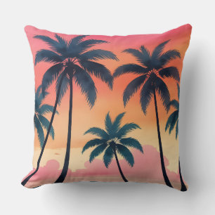 Tropical Palm Sunset   Beach Vibes Throw Pillow
