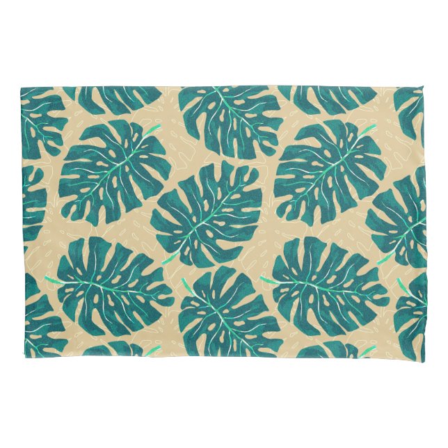 Tropical Palm Teal Beige Pillowcase (Front)