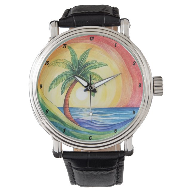 Tropical Palm Tree and Ocean Inspired Artwork Watch (Front)