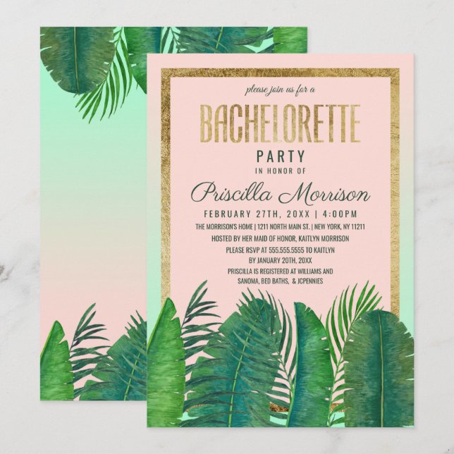 Tropical Palm Tree Banana Leaf Gold Bachelorette Invitation (Front/Back)