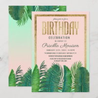 Tropical Palm Tree Banana Leaf Gold Birthday