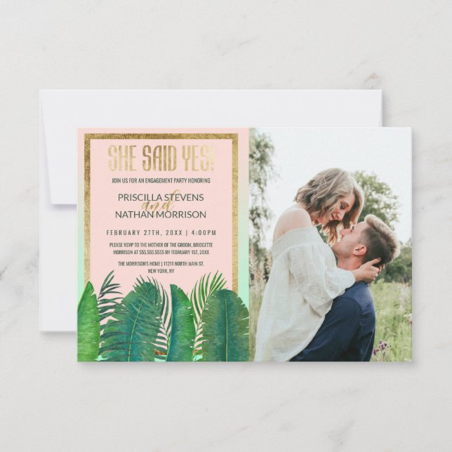 Tropical Palm Tree Banana Leaf Gold Engagement Announcement (Front)