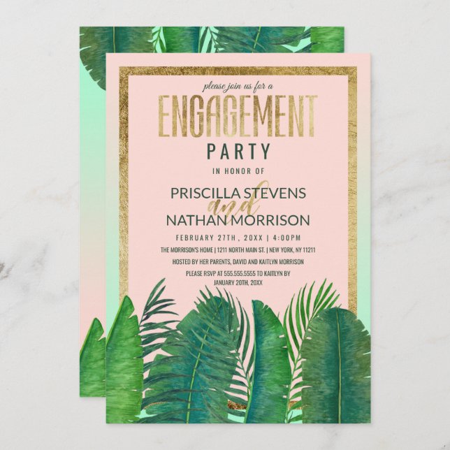 Tropical Palm Tree Banana Leaf Gold Engagement Invitation (Front/Back)