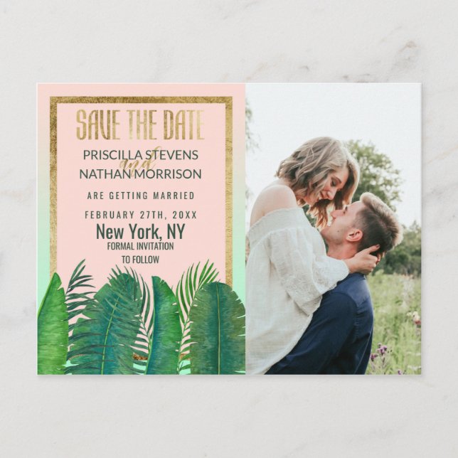 Tropical Palm Tree Banana Leaf Gold Save the Date Postcard (Front)
