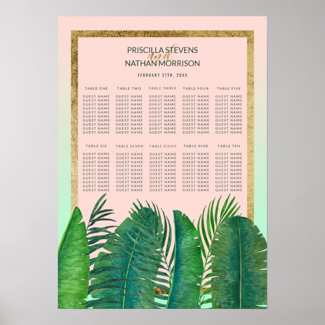 Tropical Palm Tree Banana Leaf Gold Seating Chart (Front)
