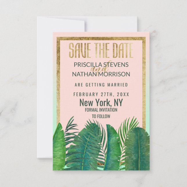 Tropical Palm Tree Banana Leaf Gold Wedding Save The Date (Front)
