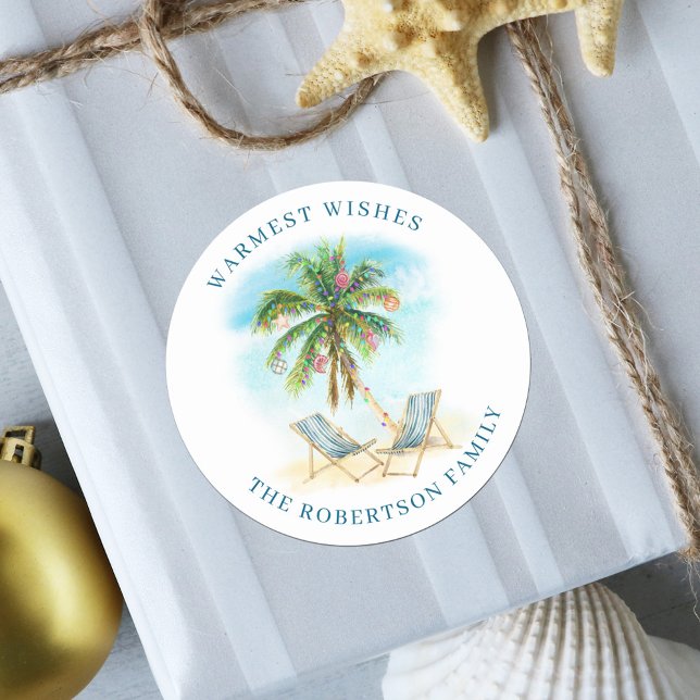 Tropical Palm Tree Beach Christmas Classic Round Sticker (Creator Uploaded)