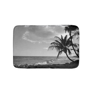Tropical palm tree beach in black and white bath mat