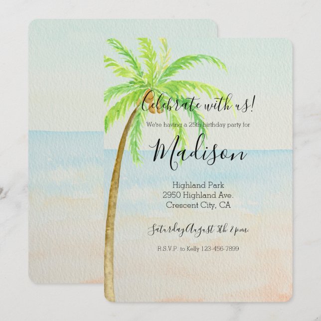 Tropical Palm Tree Beach Invitation (Front/Back)