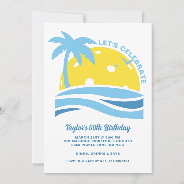 Tropical Palm Tree Beach Ocean Pickleball Party  Invitation (Front)