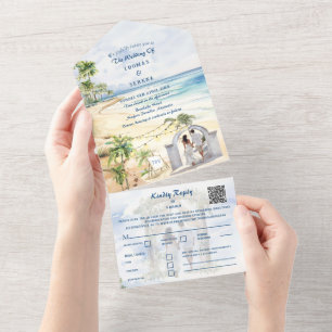 Tropical Palm Tree Beach QR Code Ocean Location All In One Invitation