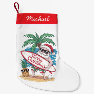 Tropical Palm Tree Beach Surfing Santa   Small Christmas Stocking