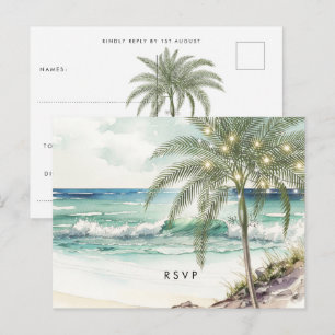 tropical palm tree beach wedding rsvp postcard