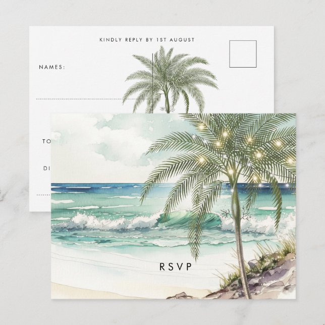 tropical palm tree beach wedding rsvp postcard (Front/Back)