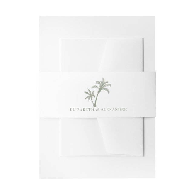 Tropical Palm Tree Beach Wedding Sage Green Invitation Belly Band (Front Example)