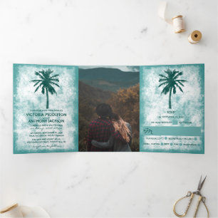 Tropical Palm Tree Beach Wedding Suite Tri-Fold Invitation