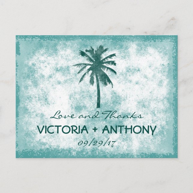 Tropical Palm Tree Beach Wedding Thank You Postcard (Front)