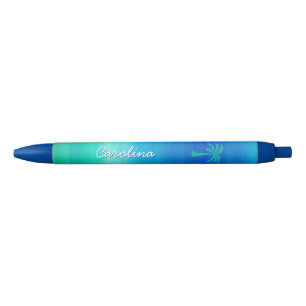Tropical Palm Tree Beachy Blue Green Custom Name Black Ink Pen