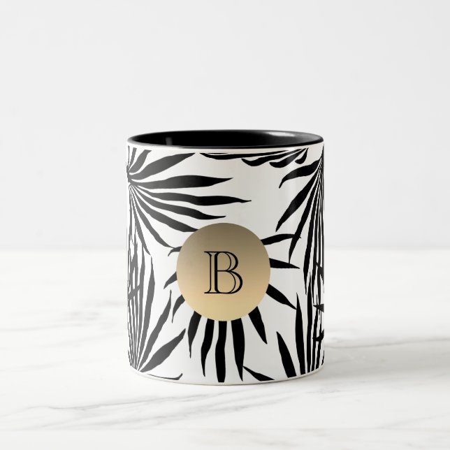 Tropical Palm Tree Black White Gold Monogram Two-Tone Coffee Mug (Center)