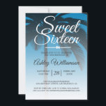 Tropical Palm Tree Blue Sweet 16 16th Birthday Invitation<br><div class="desc">A chic modern tropical blue ombre design Sweet 16 birthday invitation with a palm tree background. The bright Ibiza blue fades onto a white background. The text "Sweet Sixteen" in white is set in modern script. Elegant 16th birthday party invitation for a glamourous Sweet Sixteen, perfect for her, the fashionista...</div>