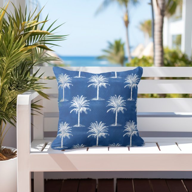 Tropical Palm Tree Blue White Outdoor Pillow (Creator Uploaded)