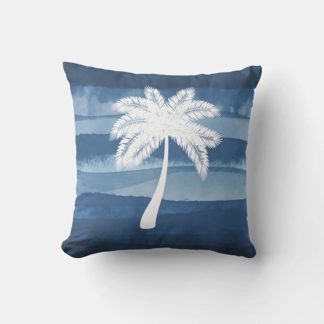 Tropical Palm Tree Blue White Outdoor Pillow (Front)